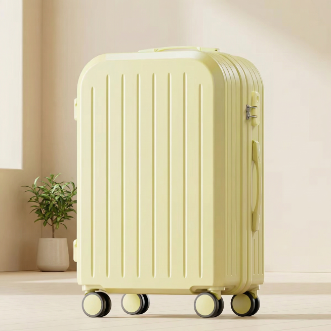奶黄色竖条纹拉杆行李箱，保持产品角度和大小完全不变，仅替换背景为温馨治愈的室内小清新风格，浅色奶油木地板搭配浅米色墙面，房间干净简约，全屋漫射柔光，低对比度，阴影淡柔和，画面明亮干净，莫兰迪奶油色系，预览效果
