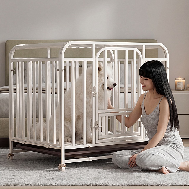 奶白色金属狗笼占据画面60%核心区域，保持物理结构绝对不变，放置在韩系家庭卧室浅灰色地毯上，背景是浅卡其色布艺床，ins韩系松弛氛围，狗笼里面坐着一只成年萨摩耶，全新韩系长相美女坐在床边地毯上逗狗，美女留黑长直齐刘海，穿搭浅灰色针织睡裤吊带，松弛温柔，柔和卧室自然光，低饱和奶灰色调，画面干净清新，凸显狗笼主体，三分法构图，平视拍摄，床头柜放香薰蜡烛，光影柔和干净，商业级4K超清，通透自然。保持1:1画面比例，西方面孔,金发,深眼窝,雀斑,杂乱,死黑阴影,硬光,高对比度,变形,扭曲,悬空,比例失调