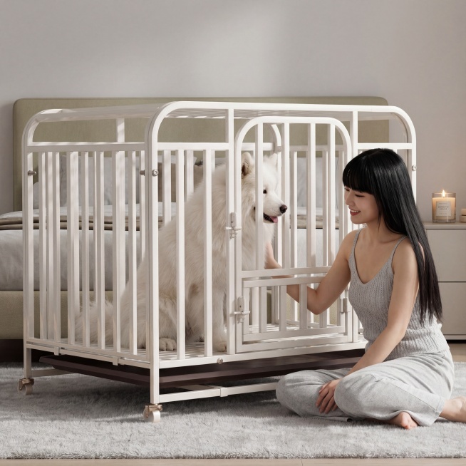 奶白色金属狗笼占据画面60%核心区域，保持物理结构绝对不变，放置在韩系家庭卧室浅灰色地毯上，背景是浅卡其色布艺床，ins韩系松弛氛围，狗笼里面坐着一只成年萨摩耶，全新韩系长相美女坐在床边地毯上逗狗，美预览效果