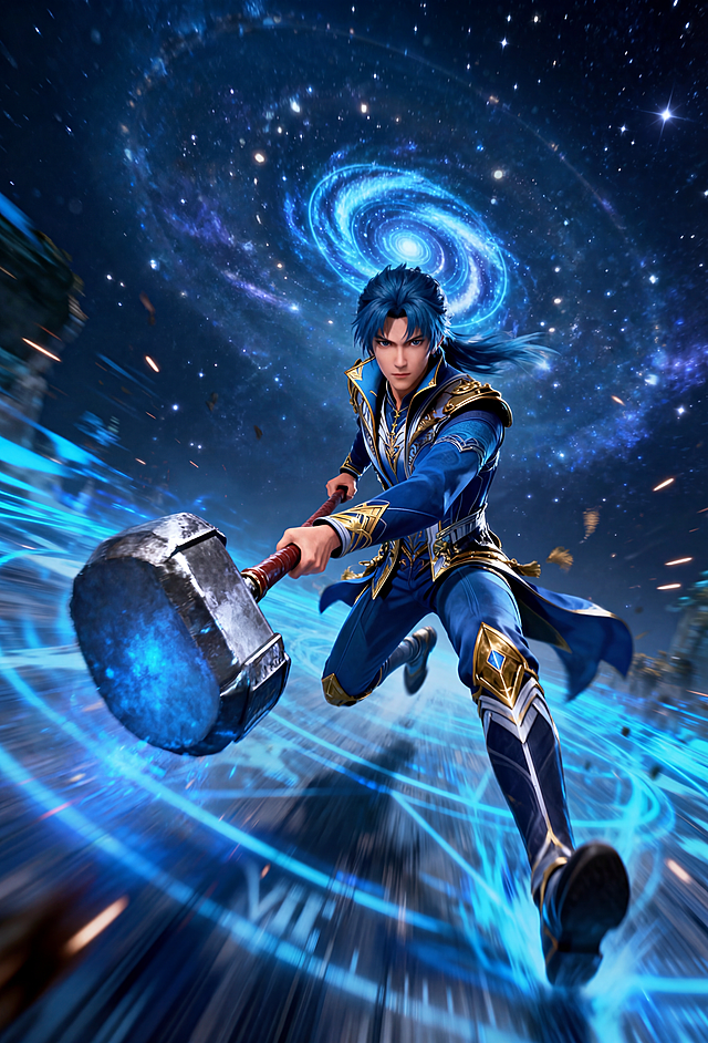 去除人物背后的罗盘法阵，去除昊天锤上的所有血迹，保持人物姿势、服装、整体场景和光影特效不变，保留3D大制作玄幻游戏场景，保持人物占比和突出主体的效果，高品质CG渲染