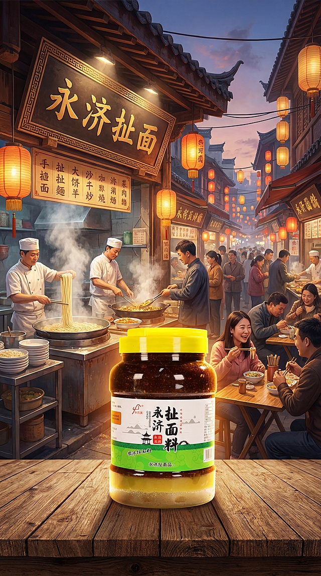 永济扯面料宣传海报，竖屏构图，主体是一罐永济扯面料，背景是热闹的美食一条街，挂着永济扯面招牌的门店正在营业，门前生意兴隆，充满烟火气，具有浓厚美食诱惑氛围的摄影作品