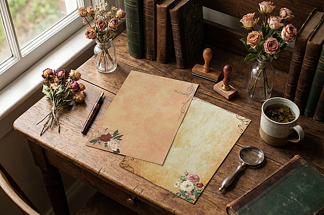 临窗的复古木质书桌，自然光洒入，用户提供的复古花纹信纸平铺在桌面上；周围摆放着钢笔，复古书本，几束复古玫瑰花、泡有茶叶的陶瓷马克杯、木质印章与金属放大镜。写实治愈系生活摄影风格，俯视镜头，轻微浅景深，主色调为暖棕褐色桌面，森系植物色彩，细节丰富，传递自然手作的专注与治愈感，画面高清4k