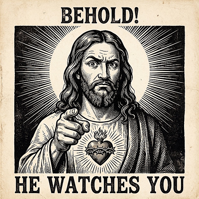 美式复古木刻版画风格，线条硬朗排线细腻，高对比度米白黑复古色调，主体耶稣形象，长卷发胡须，胸口带荆棘冠圣心，背后放射状圣光（Sunburst），眉毛扬起表情严肃但搞怪，反差感十足，食指直指前方观看者，高清8K细节完整