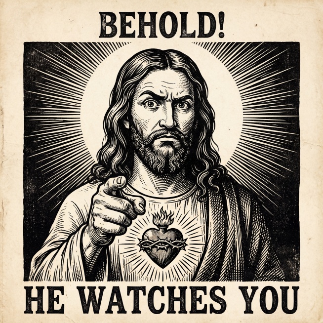 美式复古木刻版画风格，线条硬朗排线细腻，高对比度米白黑复古色调，主体耶稣形象，长卷发胡须，胸口带荆棘冠圣心，背后放射状圣光（Sunburst），眉毛扬起表情严肃但搞怪，反差感十足，食指直指前方观看者，预览效果