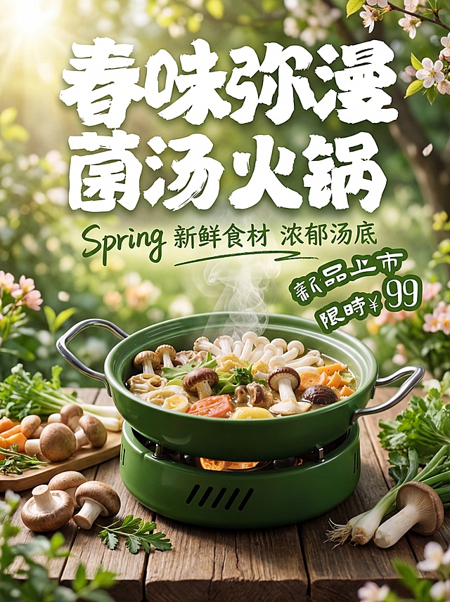 将绿色菌汤火锅实拍图、黑色文字春味弥漫菌汤火锅、绿色文字新品上市限时¥99这些元素组合成一张3:4比例的宣传海报，将文字春味弥漫菌汤火锅处理为白色，整体风格清新自然有设计感，户外春日背景，突出菌汤火锅产品