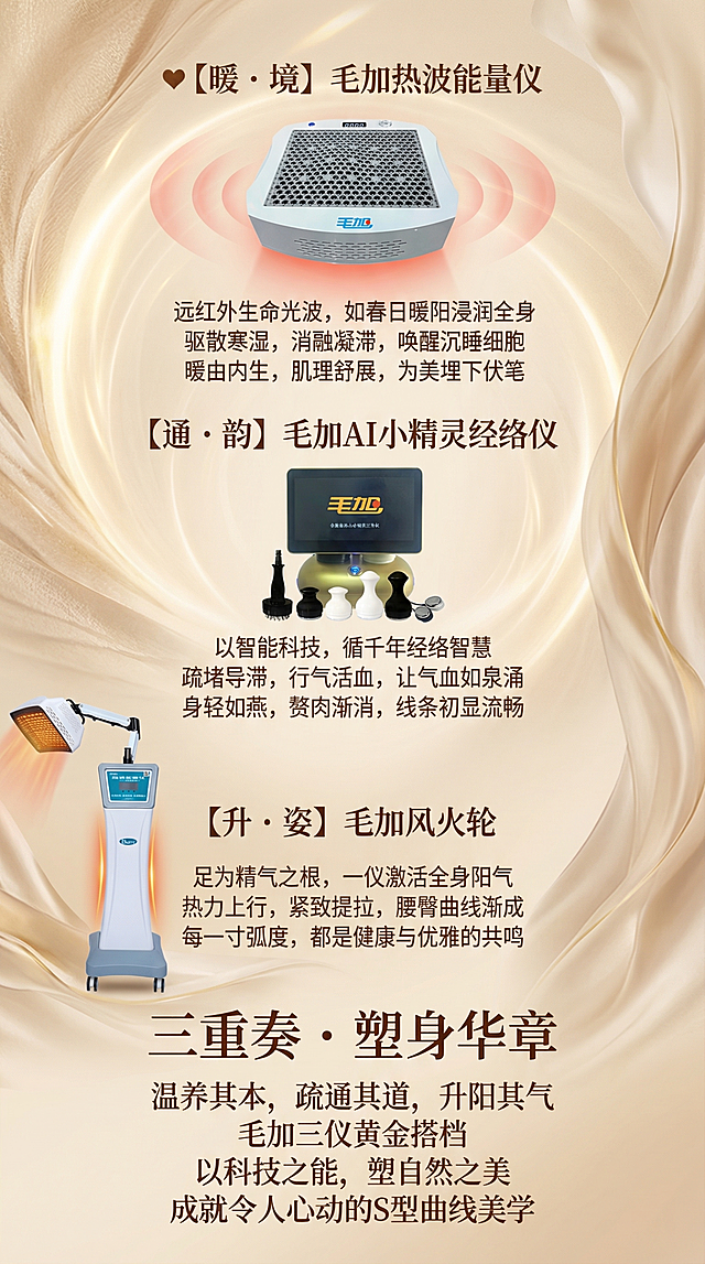 制作一张竖版养生塑形宣传海报，展示三款毛加养生仪器：加热波能量仪、AI小精灵经络仪、风火轮，整体风格温暖高级有质感，层次分明，文字排版清晰，文案内容：
♥【暖 · 境】毛加热波能量仪
远红外生命光波，如春日暖阳浸润全身 
驱散寒湿，消融凝滞，唤醒沉睡细胞
暖由内生，肌理舒展，为美埋下伏笔
 
【通 · 韵】毛加AI小精灵经络仪
以智能科技，循千年经络智慧
疏堵导滞，行气活血，让气血如泉涌
身轻如燕，赘肉渐消，线条初显流畅
 
【升 · 姿】毛加风火轮
足为精气之根，一仪激活全身阳气
热力上行，紧致提拉，腰臀曲线渐成
每一寸弧度，都是健康与优雅的共鸣
 
三重奏 · 塑身华章
温养其本，疏通其道，升阳其气
毛加三仪黄金搭档
以科技之能，塑自然之美
成就令人心动的S型曲线美学，所有文案文字清晰可见