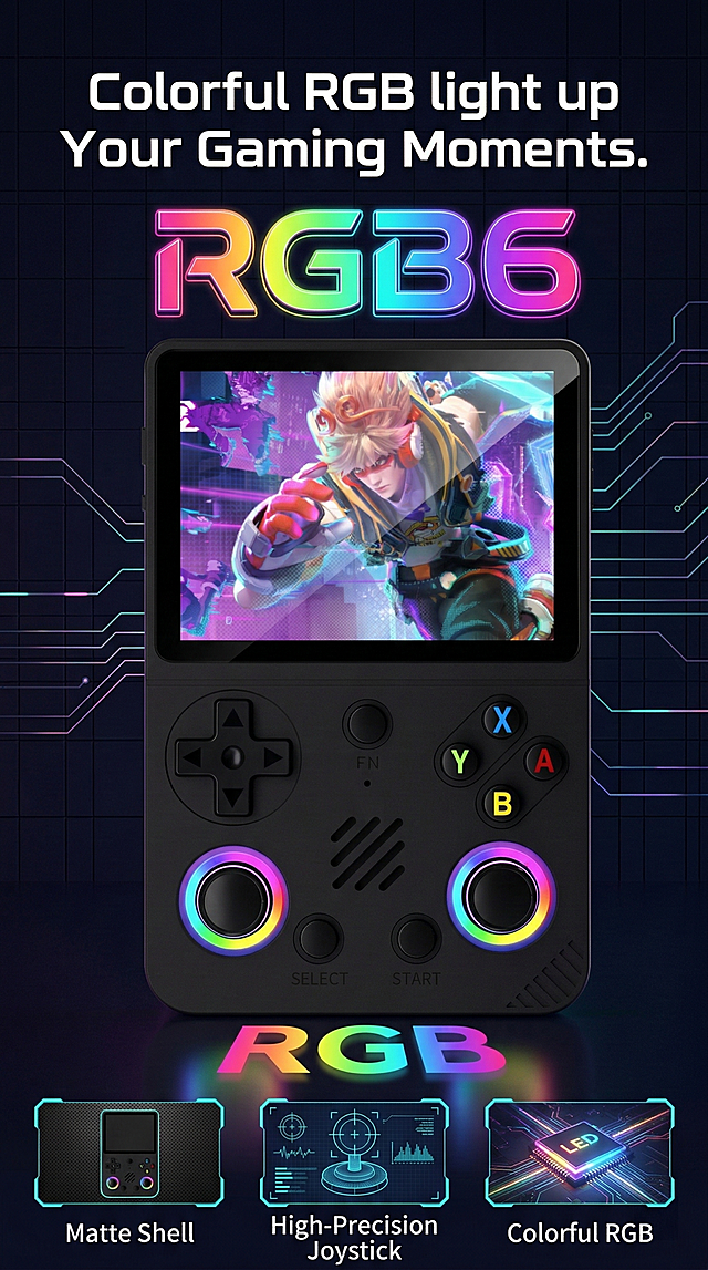 黑色哑光RG36 PRO掌机位于画面中心，机身有十字键、XYAB功能键、带RGB环形灯效的摇杆和3.5英寸高清屏幕，屏幕显示动漫风格游戏角色。机身上方加彩色渐变“RGB6”艺术字，下方“RGB”字样带发光投影效果。背景为深色网格纹理，顶部主标题“Colorful RGB light up Your Gaming Moments.”，底部用图标+英文列出三大卖点：Matte Shell、High-Precision Joystick、Colorful RGB。整体为跨境电商赛博朋克风格，突出RGB灯效和游戏体验卖点。