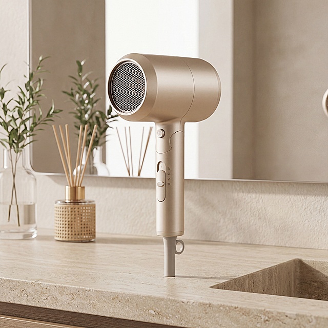1:1 比例，专业电商产品摄影，轻奢高级个护风，主体为浅香槟金色高速负离子电吹风，严格还原产品外观、配色、结构、按键、进风口细节等所有细节，产品外观必须完全一致，不得改变设计、配色或结构元素，保持产品的真实材质质感：机身的哑光金属质感、按键的细腻触感、进风口的金属网格工艺。电吹风直立放置在米白色岩板浴室台面上，背景是极简轻奢的卫浴空间，搭配藤条香薰、透明玻璃花瓶绿植、壁挂镜等软装，整体光影采用柔和的漫反射自然光，营造温馨精致的居家氛围，传递高端舒适的护发生活方式，画面构图居中对称，视觉焦点完全集中在吹风机上，无多余杂物，色调温暖高级，细节清晰锐利，符合高端个护家电的视觉调性。负面词：模糊、变形、色彩偏差、产品细节缺失、材质失真、配色错误、结构变形、背景杂乱、强光直射、阴影过重、多余杂物、水印、非同款产品、卡通化、像素过低、过度修图、虚假质感、比例失调、画面拥挤、曝光过度、曝光不足、纹理缺失、产品破损、logo 错误、反光过度、场景违和、人物干扰、画面抖动、色差严重