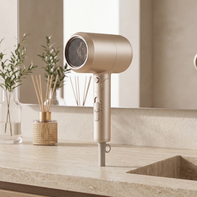 1:1 比例，专业电商产品摄影，轻奢高级个护风，主体为浅香槟金色高速负离子电吹风，严格还原产品外观、配色、结构、按键、进风口细节等所有细节，产品外观必须完全一致，不得改变设计、配色或结构元素，保持产品预览效果