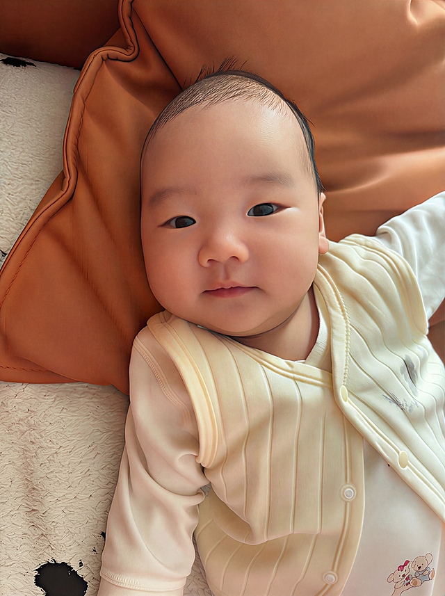 去除婴儿脸上和额头的红色痘痘，保持原图其他内容、光线和风格不变，自然修图