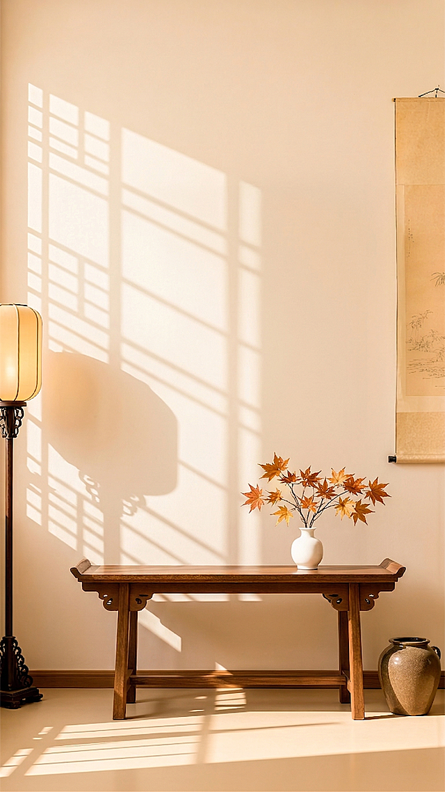 去掉图片中的木质格子屏风，保留原木长凳、左侧落地灯、右侧花瓶和卷轴画，替换为干净简洁的纯色暖米色墙面背景，保持原有光影效果，风格为新中式禅意风