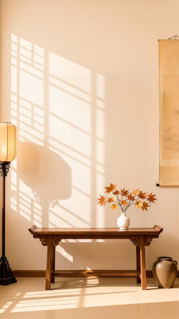去掉图片中的木质格子屏风，保留原木长凳、左侧落地灯、右侧花瓶和卷轴画，替换为干净简洁的纯色暖米色墙面背景，保持原有光影效果，风格为新中式禅意风预览效果