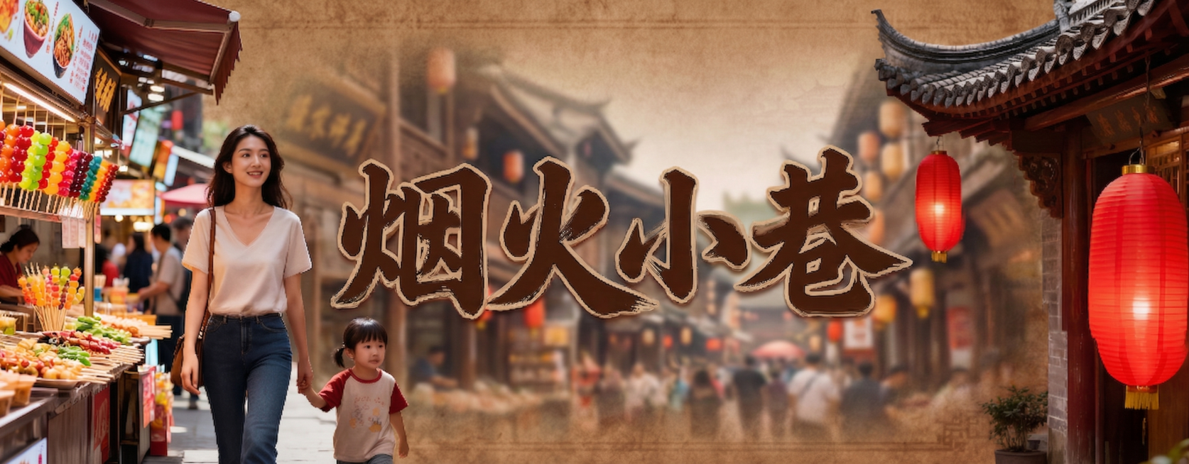 保持所有元素内容不变，调整左侧糖葫芦摊位的透视角度，使其与背景虚化商街的整体透视统一，自然融合预览效果