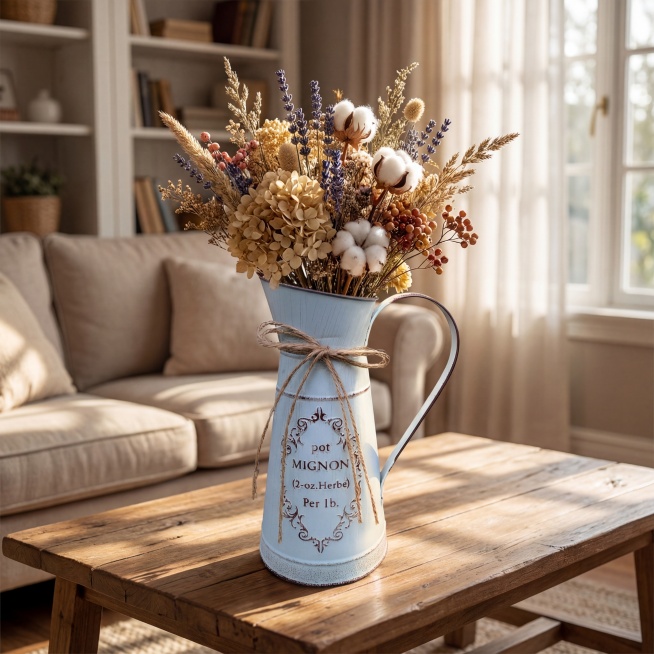 绝对保留浅蓝色做旧铁艺水壶原本的颜色、麻绳装饰、文字图案和全部外观细节完全不变，不做任何修改，在水壶内部插上漂亮的干花，将水壶整体放置在客厅的木质茶几上，窗外阳光斜射进来形成自然柔和的光斑，温暖美丽的预览效果