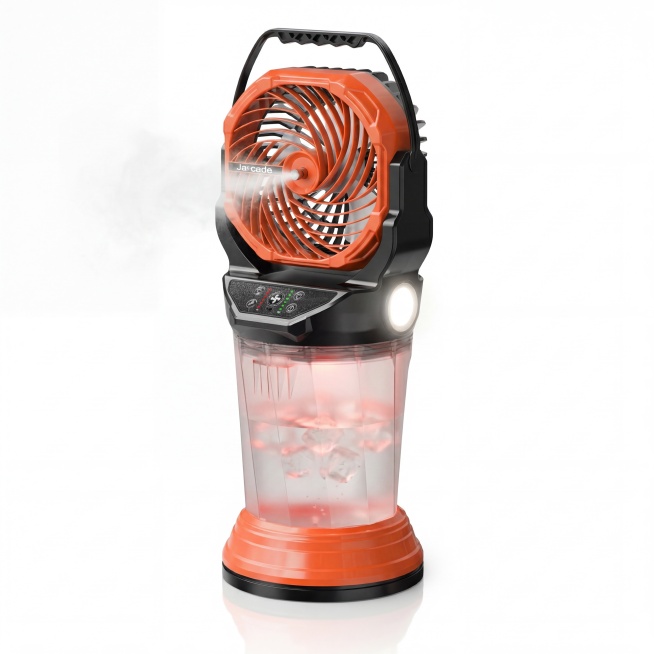 调整产品构图，让多功能便携式风扇占整个画面85%以上，减少上下左右留白，保留所有产品细节：上部为哑光磨砂质感的橙色格栅，下部为半透明磨砂质感的水箱，水箱内置微弱的红色暖光，水箱装了3/5水，清晰可见水预览效果