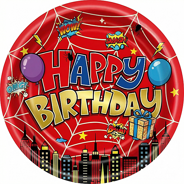 完全保留原图的蜘蛛侠主题生日设计、所有文字和图案，去除盘子边缘光圈，重新生成更高清清晰的图片