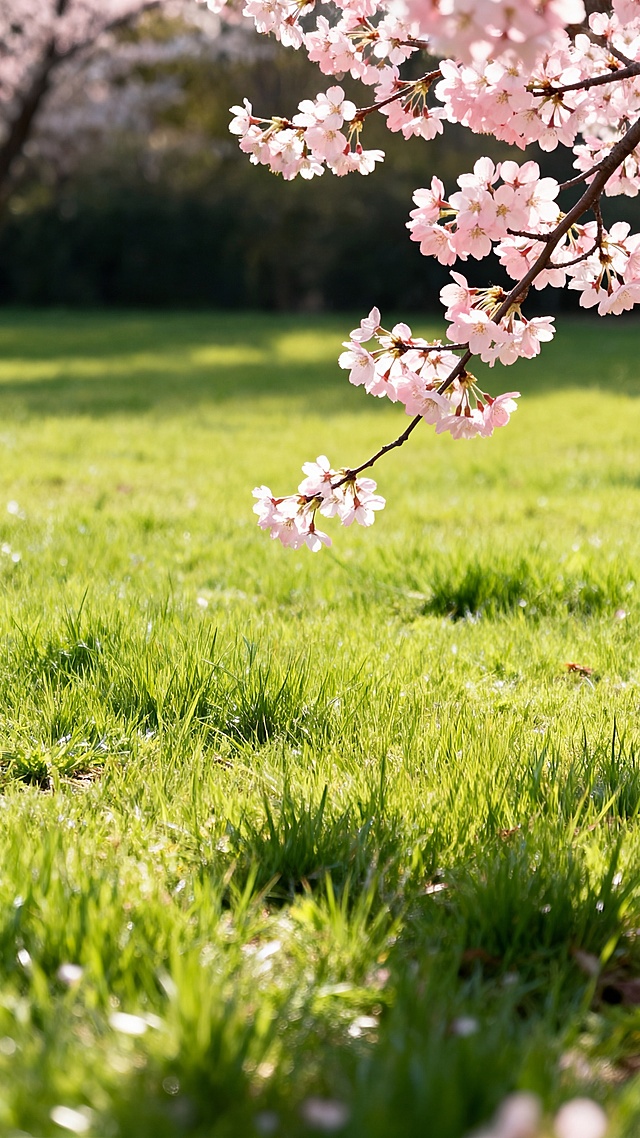 去掉所有文字，保留春日清新户外风景，嫩绿草地，淡粉色樱花枝条，明媚的春日暖阳，没有人物，整体干净简洁，风格清新雅致，治愈温暖，传递积极向上珍惜时光的氛围