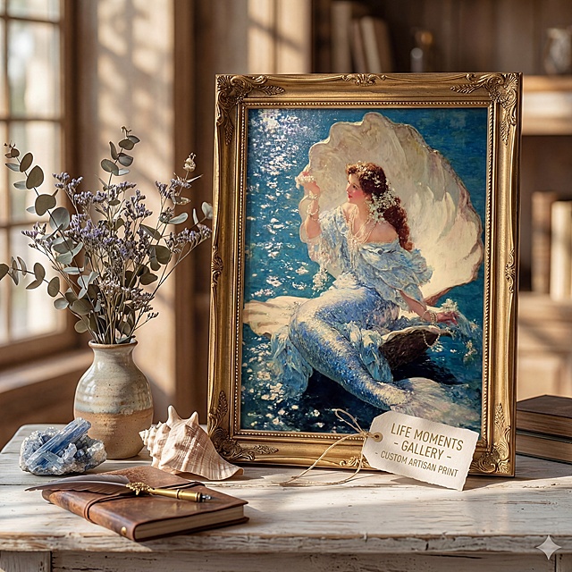 参考这张桌面场景图，将画框中的画替换为提供的美人鱼油画，保留整体构图、桌子、花瓶、干花、装饰摆件和书本不变，相似度50%，图片比例1:1，4K分辨率