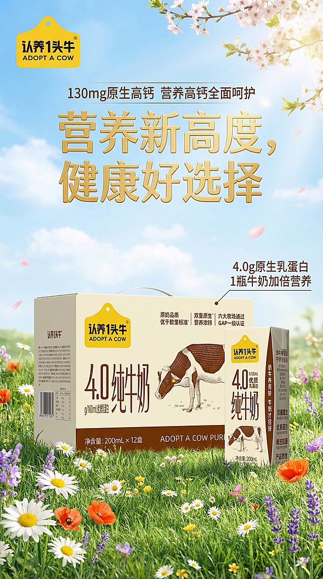 生成春日主题牛奶海报KV主视觉图，展示图片中的认养一头牛4.0纯牛奶产品，主标题文字为"营养新高度,健康好选择"，上方点缀文案为"130mg原生高钙 营养高钙全面呵护"，产品旁标注文案"4.0g原生乳蛋白 1瓶牛奶加倍营养"，整体氛围清新自然，春暖花开的春日背景，干净简洁的商业海报风格
