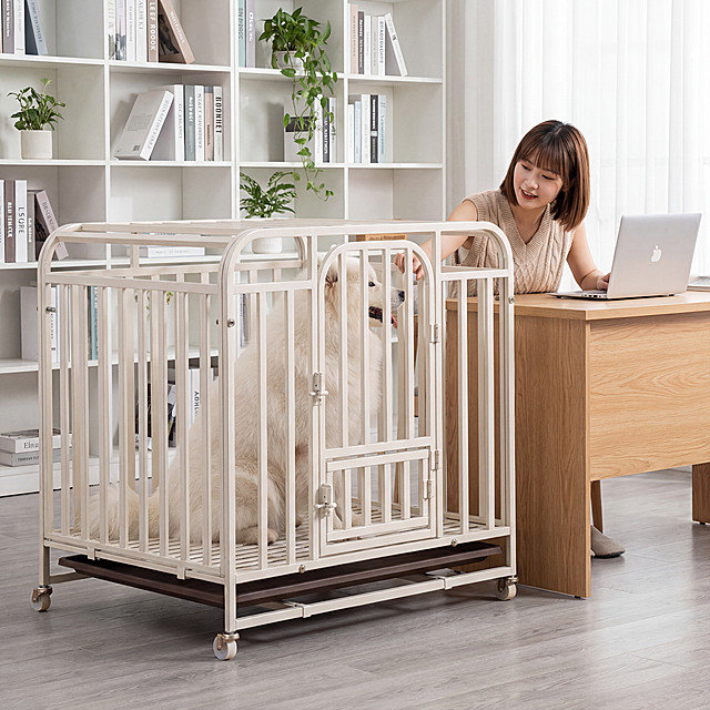 奶白色金属狗笼占据画面60%核心区域，保持物理结构绝对不变，放置在书房浅原木书桌旁，浅灰色地板，背景白色书架，清新明亮氛围，狗笼里面坐着一只成年萨摩耶，全新可爱东亚美女坐在书桌椅上侧身逗狗，美女齐肩短发空气刘海，穿搭浅卡其色针织背心，干净可爱，柔和明亮书房自然光，低饱和原木色调，画面清新明亮，凸显狗笼主体，三分法构图，平视拍摄，书桌上放着笔记本电脑，光影明亮通透，商业级4K超清，通透自然。保持1:1画面比例，西方面孔,金发,深眼窝,雀斑,杂乱,死黑阴影,硬光,高对比度,变形,扭曲,悬空,比例失调