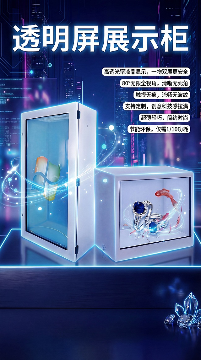 保留当前科幻风格的透明屏展示柜海报内容和文字，调整尺寸为1080*1920，保持所有元素清晰不变，整体构图适配竖版海报。