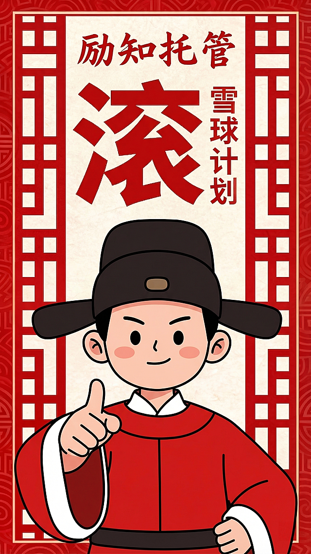 再次缩小人物比例，在"滚"字上方添加"励知托管"四个字，改变卡通形象设计，保留原构图和文字排版，保持抽象卡通中式风格
