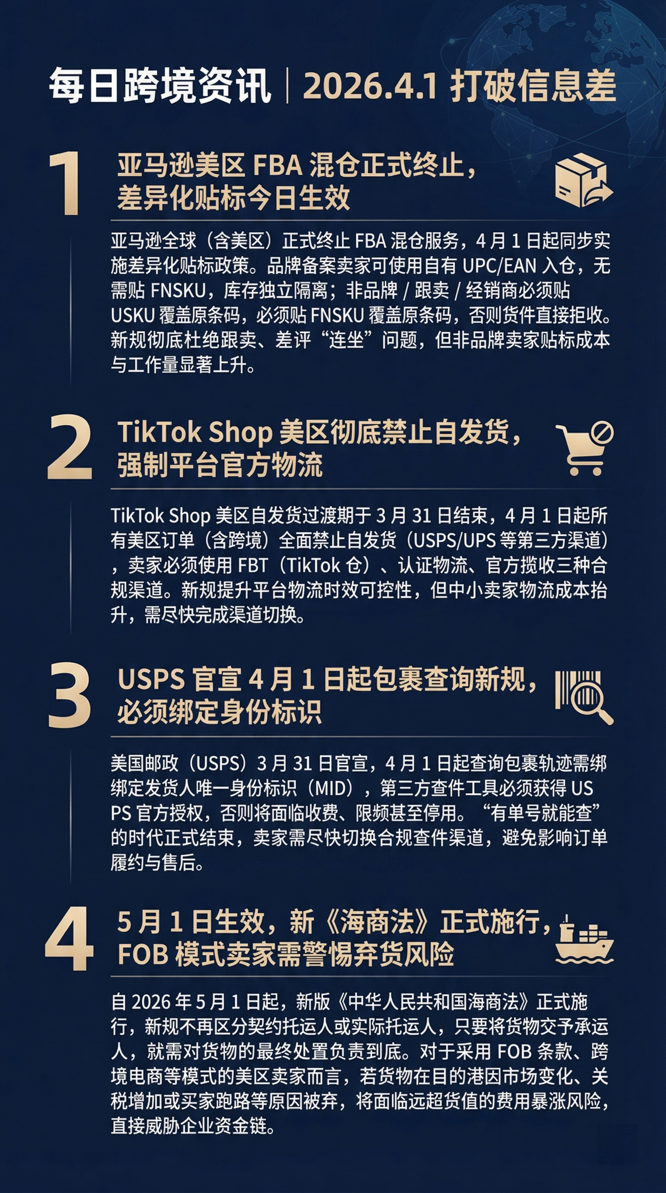 小红书跨境电商资讯长图，标题是"每日跨境资讯 | 2026.4… - 图片创意预览