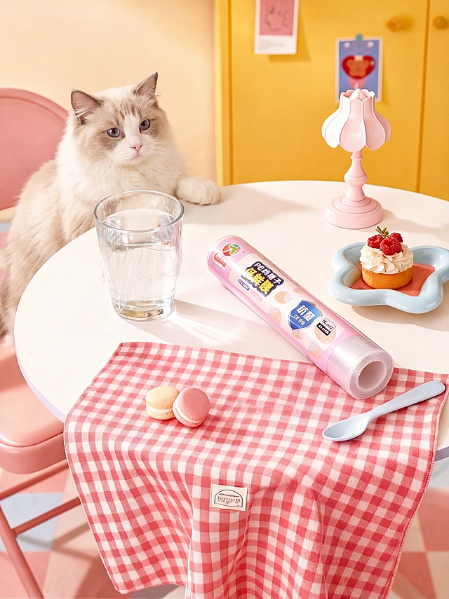 让粉色椅子上坐着一只可爱的布偶猫，猫咪的前爪搭在桌面上，保持桌面所有物品位置、背景环境和整体光影奶油风不变，猫咪毛色蓬松柔软，自然融入场景，保持原构图和宽高比例，商业摄影，4K超清