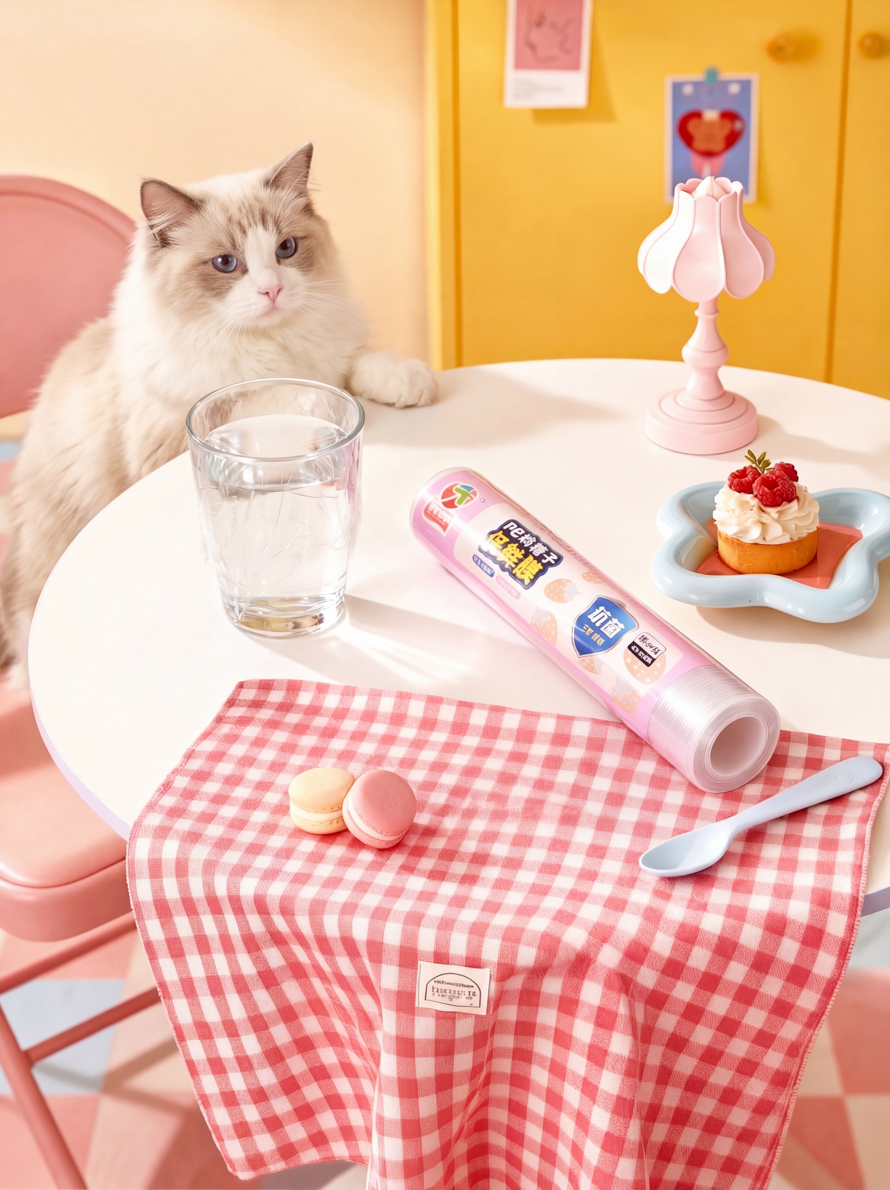 让粉色椅子上坐着一只可爱的布偶猫，猫咪的前爪搭在桌面上，保持桌… - 图片创意预览