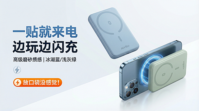 奥米达磁吸充电宝宣传图，保持原有产品、颜色、品牌logo和文案信息完全不变。优化背景为简约明亮的浅灰白色，柔和漫射光影，莫兰迪低饱和度风格，保持文字清晰可读，产品结构不变，8K高清画质。严格锁定宽高比为16:9。