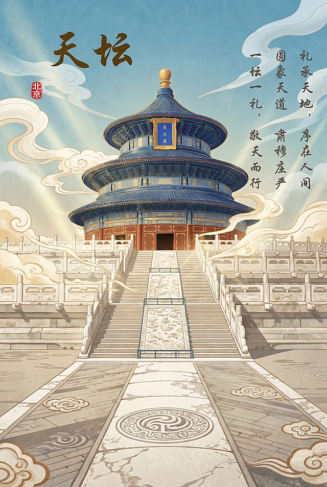参考上一张故宫图的调整风格，将这张天坛图调整为A3尺寸，保持现有构图和文字内容，增加氛围感细节，保持整体简洁，不要太花哨，延续新国风国潮插画风格，提升整体质感和氛围感