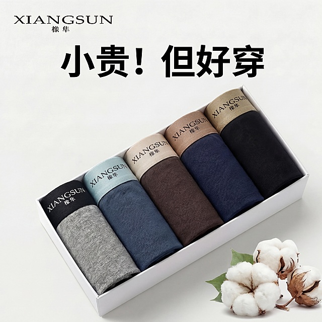 绝对锁定原图背景，保持背景为原白色不变，保持产品的角度、整体构图和其余内容都不变
仅修改五条内裤的腰头颜色：腰头分别改为黑色、浅青灰色、浅米色、浅棕色、卡其色，对应裤身分别保持灰色、深蓝色、深棕色、藏青色、黑色，做对撞色搭配
必须保留所有腰头上原本的白色XIANGSUN橡隼LOGO，不要修改LOGO的颜色、大小和位置，完全保留不变
极致超清4K画质，保留内裤的布料材质纹理，保持整体光影自然，不改变背景，图片比例1:1