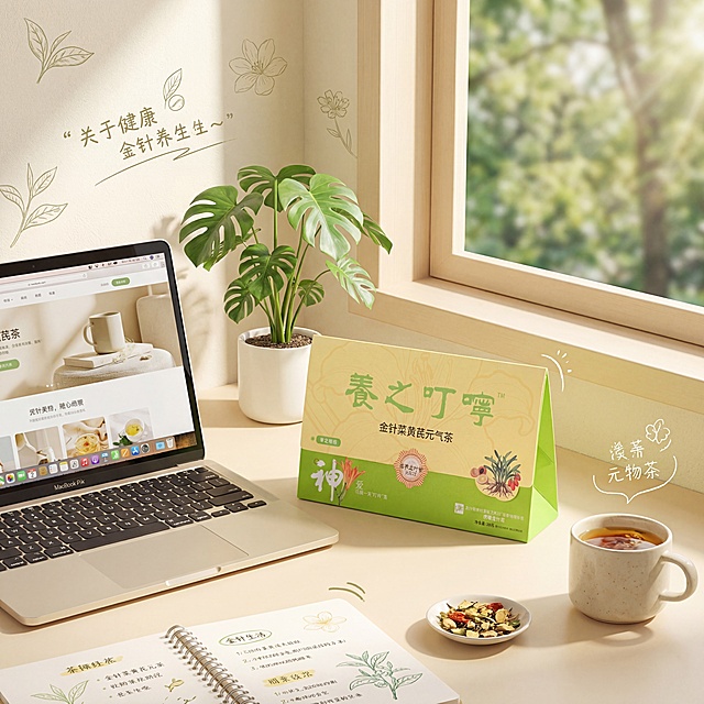 [场景图 1] 养之叮咛金针菜黄芪元气茶休闲办公区场景展示
产品包装盒放置在浅米色办公桌面，旁边搭配笔记本电脑和简约绿植，阳光从侧面窗户照进来，呈现慵懒放松的办公养生氛围，浅米黄+清新绿主色调，简约干净实景搭配轻手绘元素，轻养生松弛感，保持产品外观和原图一致，背景自然不杂乱