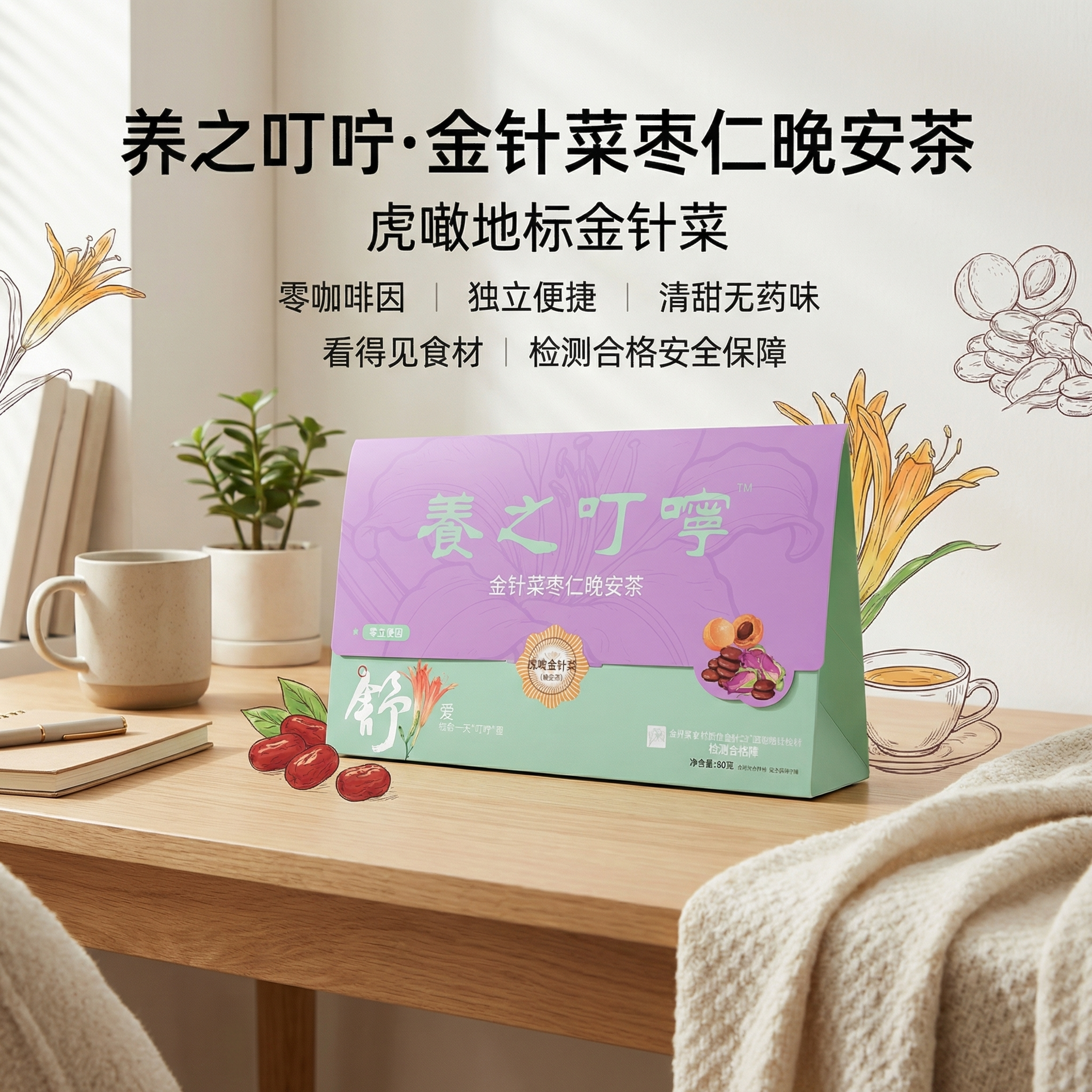 商品主图，主体是上传图片里的养之叮咛·金针菜枣仁晚安茶包装盒，… - 图片创意预览