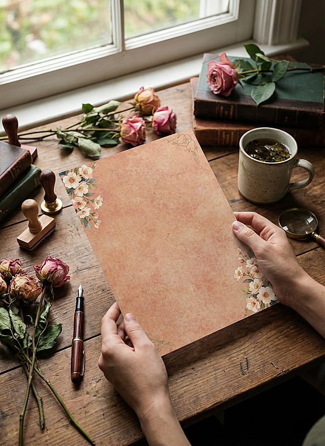 临窗的复古木质书桌，自然光洒入，一双手拿着带有参考图样式的A4信纸，信纸大小与手的比例正确，信纸的花纹风格参考参考图；书桌周围摆放着钢笔，复古书本，几束复古玫瑰花，泡有茶叶的陶瓷马克杯，木质印章与金属放大镜。写实治愈系生活摄影风格，第一人称构图，轻微浅景深，主色调为暖棕褐色桌面，森系植物色彩，细节丰富，传递自然手作的专注与治愈感，画面高清