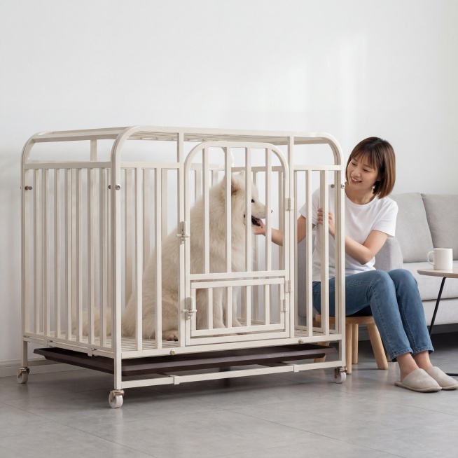 奶白色金属狗笼占据画面60%核心区域，保持物理结构绝对不变，放置在现代简约客厅角落，浅灰色哑光地砖，背景是白色乳胶漆墙面和浅灰色布艺沙发，现代简约氛围，狗笼里面坐着一只成年萨摩耶，全新简约气质东亚美女预览效果