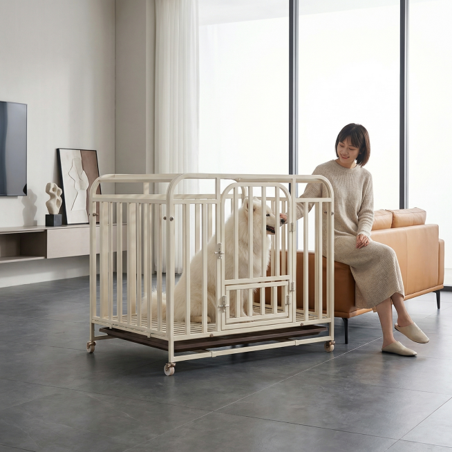 奶白色金属狗笼占据画面60%核心区域，保持物理结构绝对不变，放置在意式极简客厅转角，岩板地面，背景是悬浮电视柜和低靠背真皮沙发，高贵简约氛围，狗笼里面坐着一只成年萨摩耶，全新气质东亚美女坐在沙发扶手上预览效果