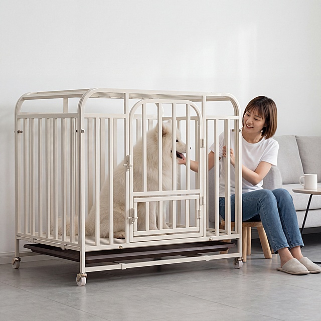 奶白色金属狗笼占据画面60%核心区域，保持物理结构绝对不变，放置在现代简约客厅角落，浅灰色哑光地砖，背景是白色乳胶漆墙面和浅灰色布艺沙发，现代简约氛围，狗笼里面坐着一只成年萨摩耶，全新简约气质东亚美女坐在旁边矮凳上逗狗，美女留齐肩短发，穿搭白色棉T恤牛仔裤，简约清爽，柔和漫射自然光，低饱和浅色调，画面干净清新，凸显狗笼主体，三分法构图，平视拍摄，边几上放白色陶瓷水杯，光影柔和干净，商业级4K超清，通透自然。保持1:1画面比例，西方面孔,金发,深眼窝,雀斑,杂乱,死黑阴影,硬光,高对比度,变形,扭曲,悬空,比例失调