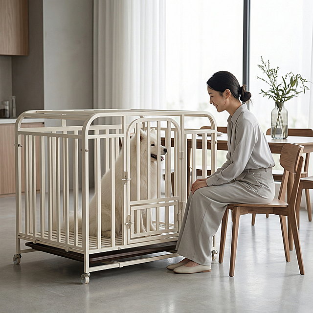 奶白色金属狗笼占据画面60%核心区域，保持物理结构绝对不变，放置在极简开放式餐厅旁边，浅灰色水泥地面，背景是浅胡桃木餐桌椅，现代简约氛围，狗笼里面坐着一只成年萨摩耶，全新干练气质东亚美女坐在餐桌椅上侧身逗狗，美女低扎马尾，穿搭浅灰色衬衫阔腿裤，简约干练，柔和餐厅自然光，低饱和木灰色调，画面干净清新，凸显狗笼主体，三分法构图，平视拍摄，餐桌上放透明玻璃花瓶，光影柔和干净，商业级4K超清，通透自然。保持1:1画面比例，西方面孔,金发,深眼窝,雀斑,杂乱,死黑阴影,硬光,高对比度,变形,扭曲,悬空,比例失调