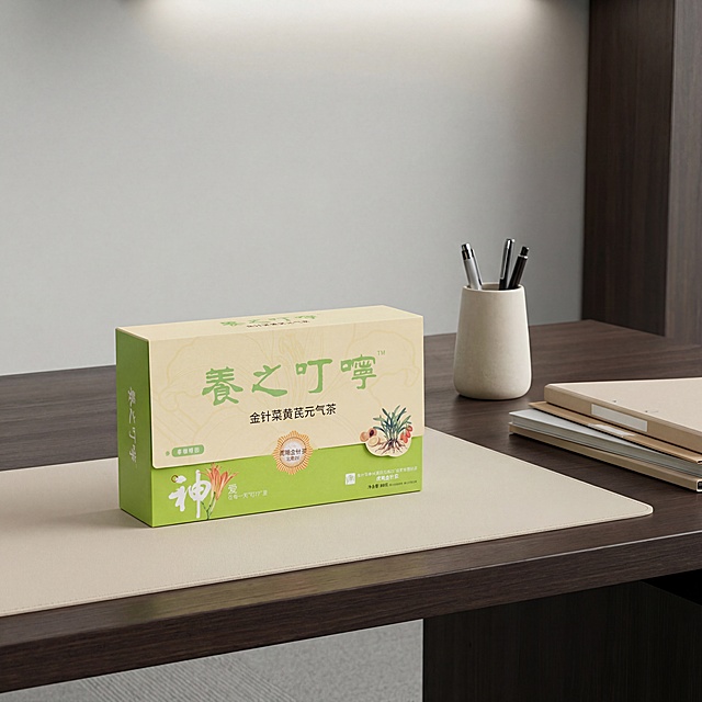 [场景图 3] 养之叮咛金针菜黄芪元气茶行政办公区场景
产品放置在简约行政办公大班桌面上，旁边搭配简约笔筒和文件夹，浅灰色墙面搭配浅米黄色桌垫，柔和室内顶光，呈现专业沉稳的办公养生场景，保持产品外观和原图一致，浅米黄+清新绿主色调，简约干净实景，轻养生松弛感