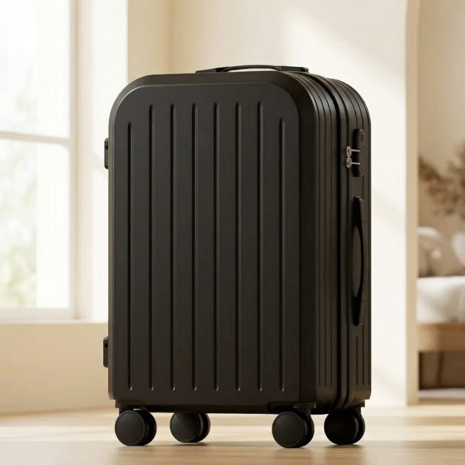 深灰黑色磨砂拉杆行李箱，保持产品角度和大小完全不变，保持物理结构绝对不变，将产品整体颜色调深调黑，严禁扭曲变形。将背景替换为明亮温馨的室内小清新风格，浅米色奶油风空间，浅木色地板，窗边漫射柔光，整体氛预览效果