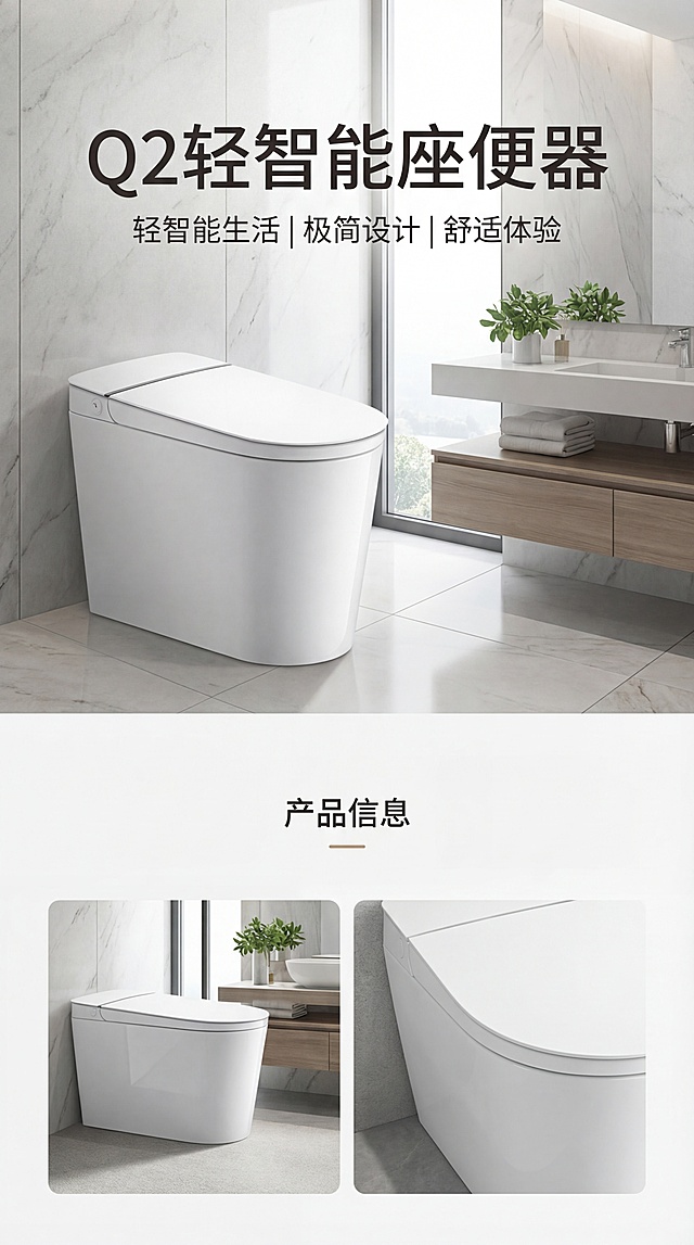 Q2轻智能座便器产品宣传海报，现代简约风格，干净整洁的卫浴场景背景，突出产品质感，左上角保留产品主体，顶部添加醒目标题文字"Q2轻智能座便器"，整体风格简约高级，适合电商宣传