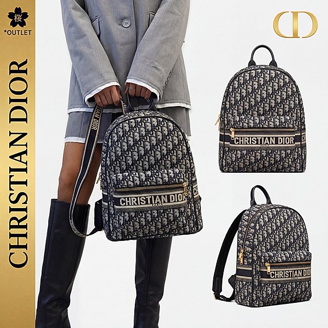 完全复刻参考图一版式，左侧金色竖条写黑色竖排文字"CHRISTIAN DIOR"，左上角有樱花"樱"字和"*OUTLET"文字，右上角有金色CD标志，将image3中的Dior背包放到版式中，左侧保留穿灰色西装的模特手提背包，右侧分两个位置展示背包不同角度产品图，浅灰色背景，日本电商主图风格，质感高级，光影干净