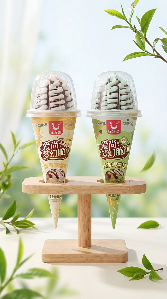 专业雪糕产品展示图，香草味和抹茶味雪糕置于简约木质支架上进行展示。参考采青·春茶Gelato海报的摆拍风格（相似度约30%），保留清新自然的背景氛围和柔和光线，但突出雪糕产品本身。雪糕包装保持原样，支架设计简洁现代，整体构图专业，适合电商展示。背景干净简洁，突出产品质感和细节。