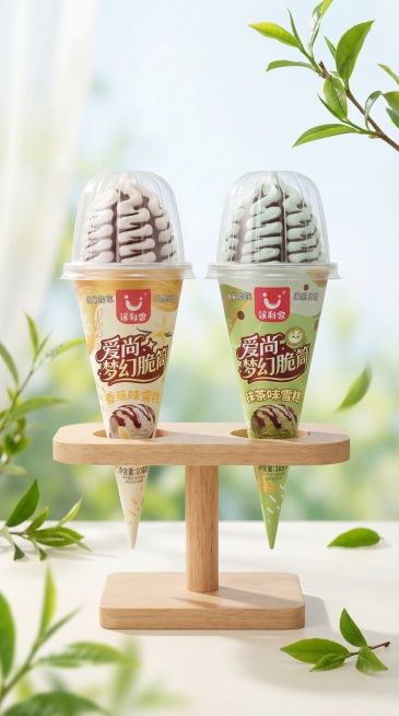 专业雪糕产品展示图，香草味和抹茶味雪糕置于简约木质支架上进行展示。参考采青·春茶Gelato海报的摆拍风格（相似度约30%），保留清新自然的背景氛围和柔和光线，但突出雪糕产品本身。雪糕包装保持原样，支预览效果
