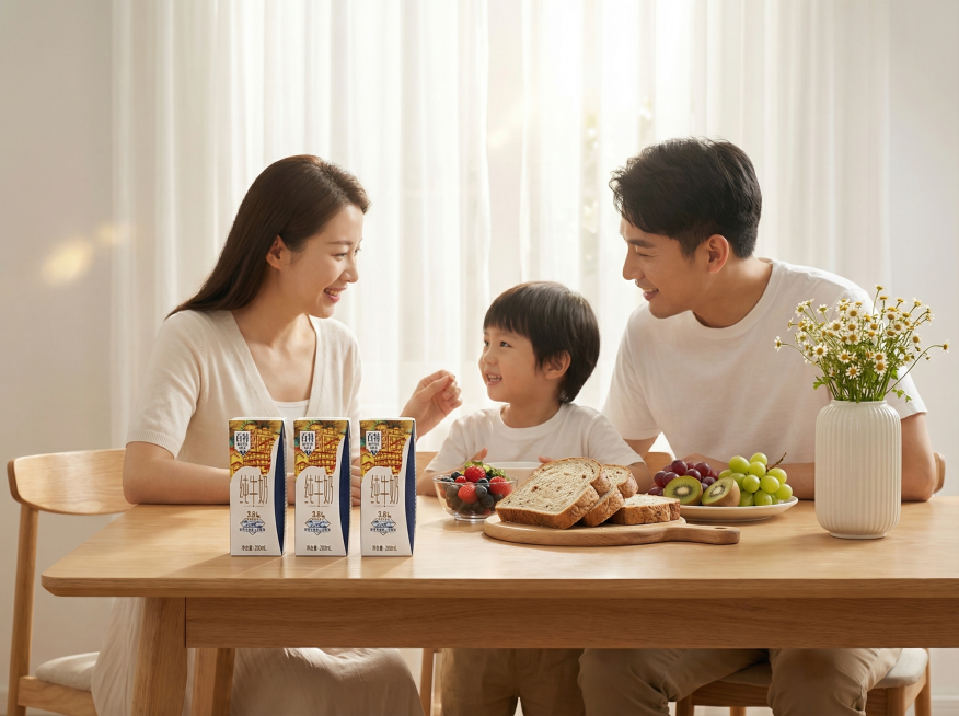 三盒与原图完全相同的百特纯牛奶利乐包装盒，保持包装外观、文字、颜色物理结构绝对不变，严禁扭曲变形或Logo模糊。
适当缩小牛奶产品尺寸，一家三口围坐在浅色餐桌前，牛奶放在餐桌一侧，旁侧搭配吐司、新鲜水预览效果