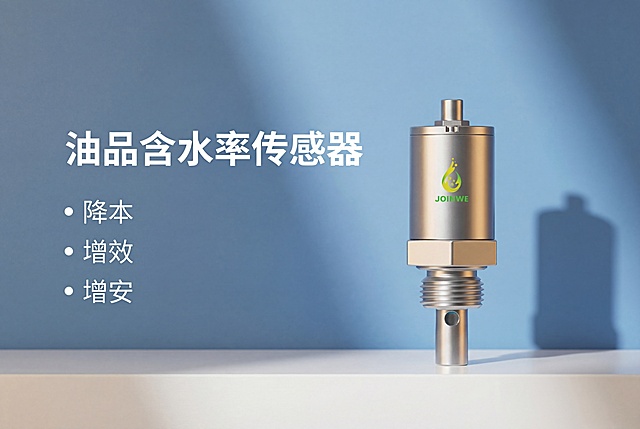 参照 https://gdesign-dam-hz.dancf.com/36032363712718852/f049e1cf9d23433a91e27cb4092dfa41.jpg 的排版布局，将 https://gdesign-dam-hz.dancf.com/36032214117899342/162c29839b3140efa2aedfdccf521eb8.png 的主体油品含水率传感器放到 https://gdesign-dam-hz.dancf.com/36032355653243974/539db90ee64b4db38174ef0f6893f213.jpg 的场景内，保持主体特征不变；添加标题"油品含水率传感器"，添加副标题文案"降本"、"增效"、"增安"，柔和暖光，浅景深，商业产品摄影，高细节，4K分辨率
