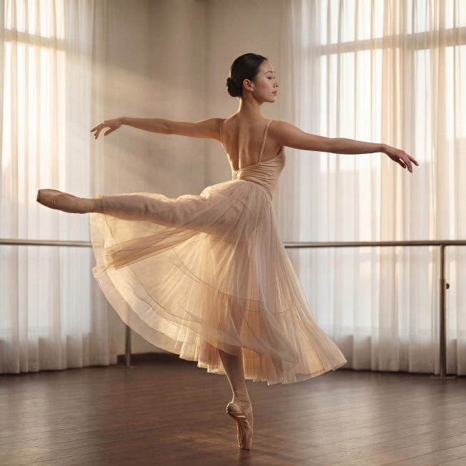 柔和舞者肌肉线条，使其更显柔美流畅而非强调力量感；保留优雅阿拉贝斯克舞姿、侧身视角、长垂落舞裙、浅香槟色纱质质感、低盘发与清透妆容；背景仍为落地白纱帘、深色木地板与金属把杆，光影维持暖调电影感侧逆光，预览效果