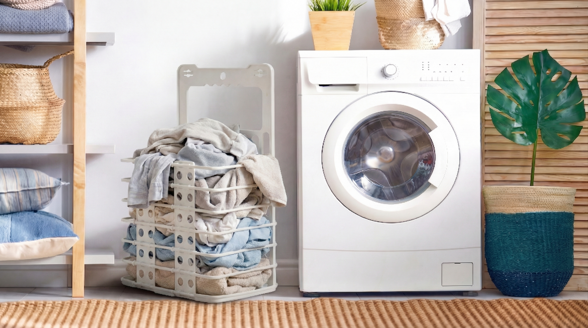 在图1的白色可折叠脏衣篮中添加适量脏衣服，包括浅灰、米白、浅蓝等柔和色调的衣物，自然堆叠，部分衣物略溢出篮口，体现真实使用感；保持篮子结构与场景其余元素（洗衣机、置物架、植物等）完全不变，仅增加衣物内预览效果