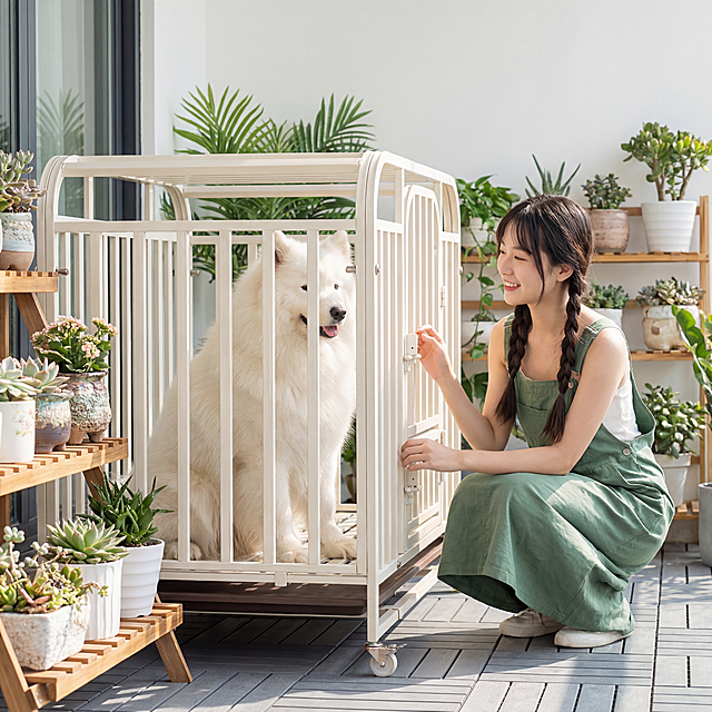 奶白色金属狗笼占据画面60%核心区域，保持物理结构绝对不变，放置在阳台木质花架旁，灰色防滑地砖，背景是各种盆栽花草，清新明亮氛围，狗笼里面坐着一只成年萨摩耶，全新可爱东亚美女蹲在花架旁逗狗，美女双麻花辫，穿搭绿色背带裙，清新可爱，柔和明亮阳台自然光，低饱和绿色调，画面清新明亮，凸显狗笼主体，三分法构图，平视拍摄，花架上放着多肉盆栽，光影明亮通透，商业级4K超清，通透自然。保持1:1画面比例，西方面孔,金发,深眼窝,雀斑,杂乱,死黑阴影,硬光,高对比度,变形,扭曲,悬空,比例失调